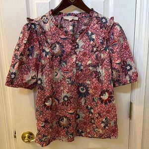 LOFT Pink Puff Sleeve Ruffled Blouse